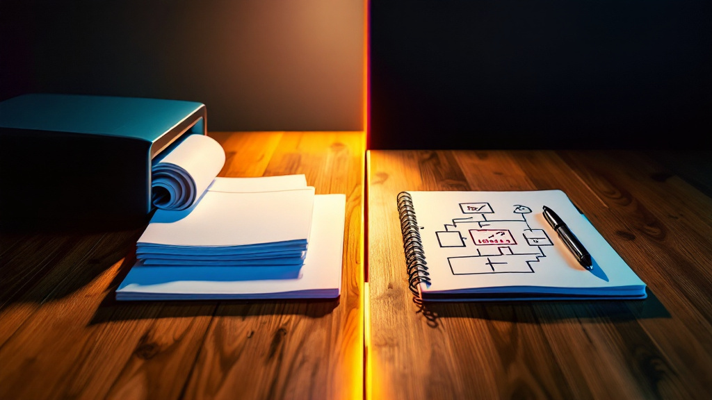 Scrivania con report che entrano in una macchina e un taccuino di strategia: cosa pagare alle agenzie di marketing