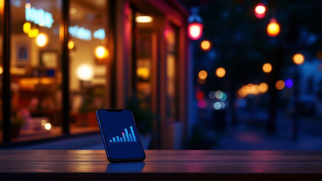 Meta Ads Manager per attività locali: vetrina di negozio di quartiere e grafico semplice su smartphone