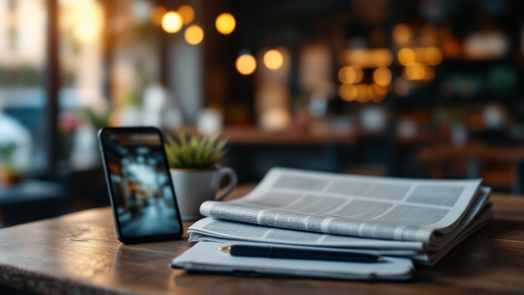 Native marketing per piccole imprese: giornale locale e smartphone sul tavolo di un bar